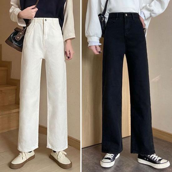 Shangkelv Dames casual jeans hoge taille rechte wijde pijpen lange broek zakken effen kleur oversized denim broek streetwear