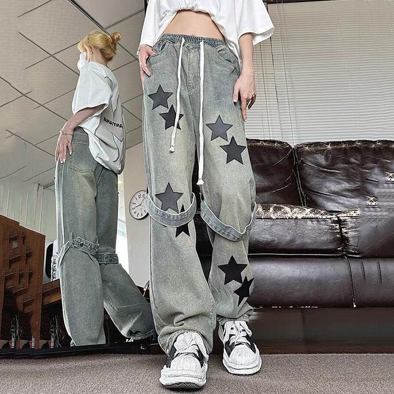 Fashion Girls Exclusive Sterrenprint hoge taille denim broek dames lente herfst losse rechte jeans vrouwelijke vintage streetwear vrouw broek