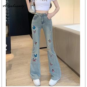 Alyaboomty Japanse Harajuku Lente Zomer Vrouwen Streetwear Slanke Jeans Hoge Taille Vlinder Borduren Gescheurde Gaten Jeans Elegante Stijlvolle Flrae Jeans