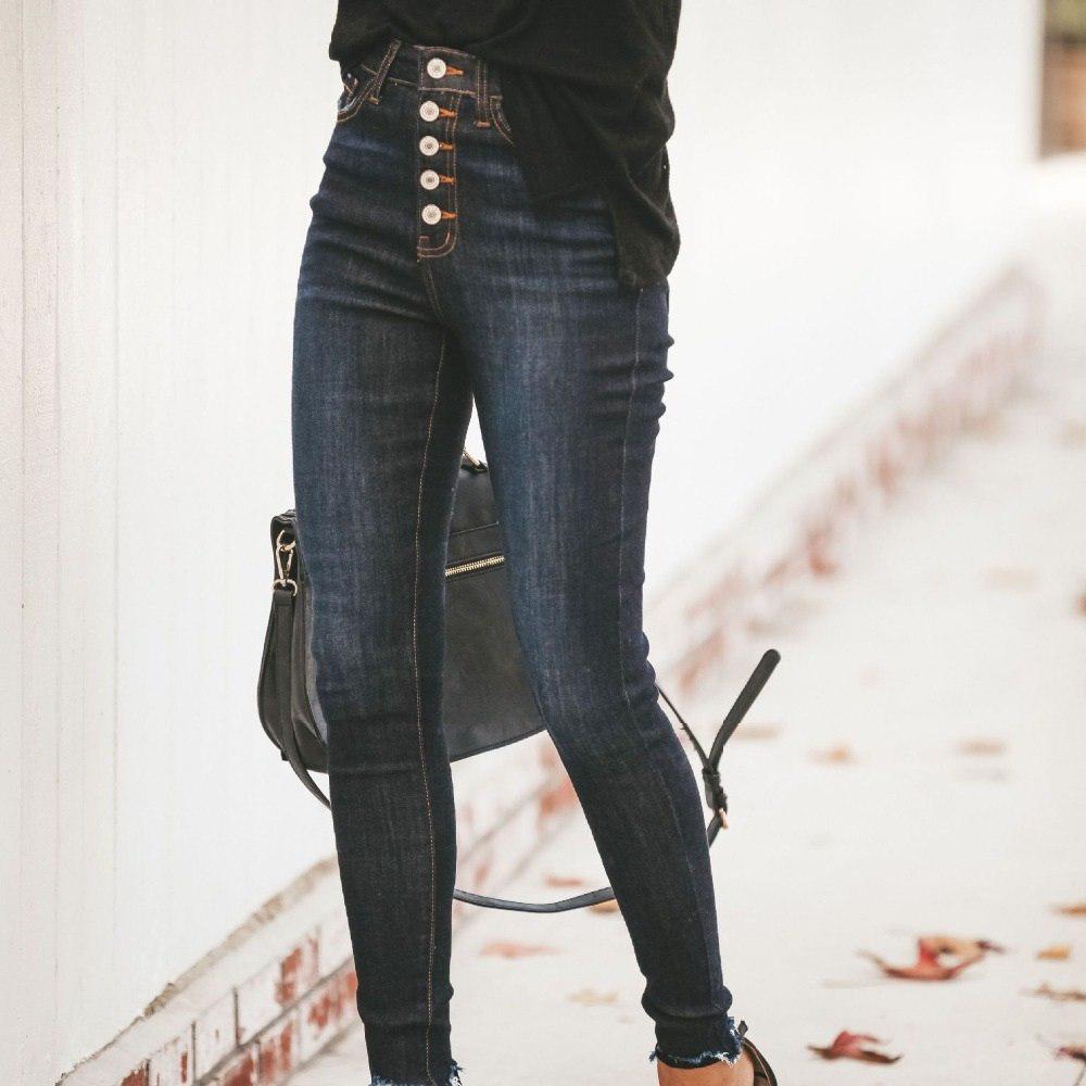 XHZ Dames hoge taille stretch denim jeans knoop skinny slanke casual potloodbroek damesbroek