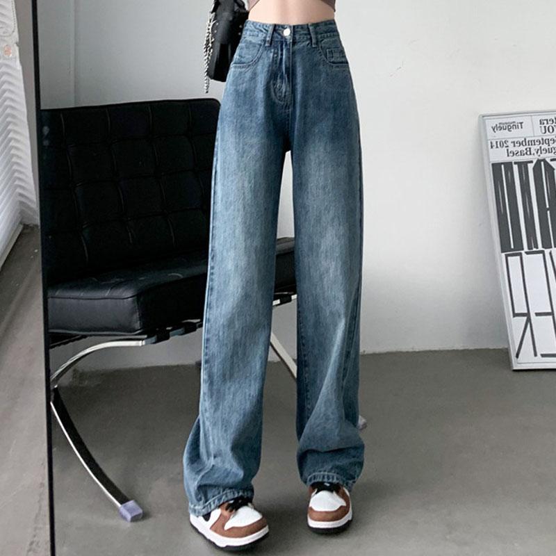 JunChengMY 2024 Nieuwe mode wijde pijpen jeans dames nieuwe hoge taille losse rechte pijpen broek