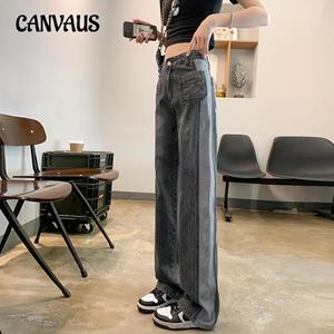 CANVAUS Dames denim jeans Losse rechte lente- en herfstjeans Hoge taille Wijde pijpen Lange broek