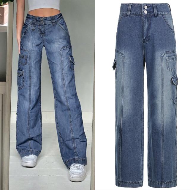 Secret Jam Vrouw Harajuku Zakken Patchwork Cargo Jeans Y2K Donkere Hoge Taille Streetwear 90S Baggy Jeans Vrouwen Broek