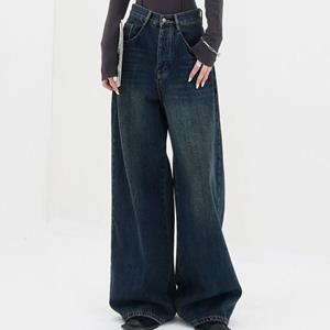 Haojingda Vrouwen Retro Jeans Hoge Taille Rechte Wijde Pijpen Lange Broek Zakken Donkere Kleur Oversized Denim Broek Streetwear