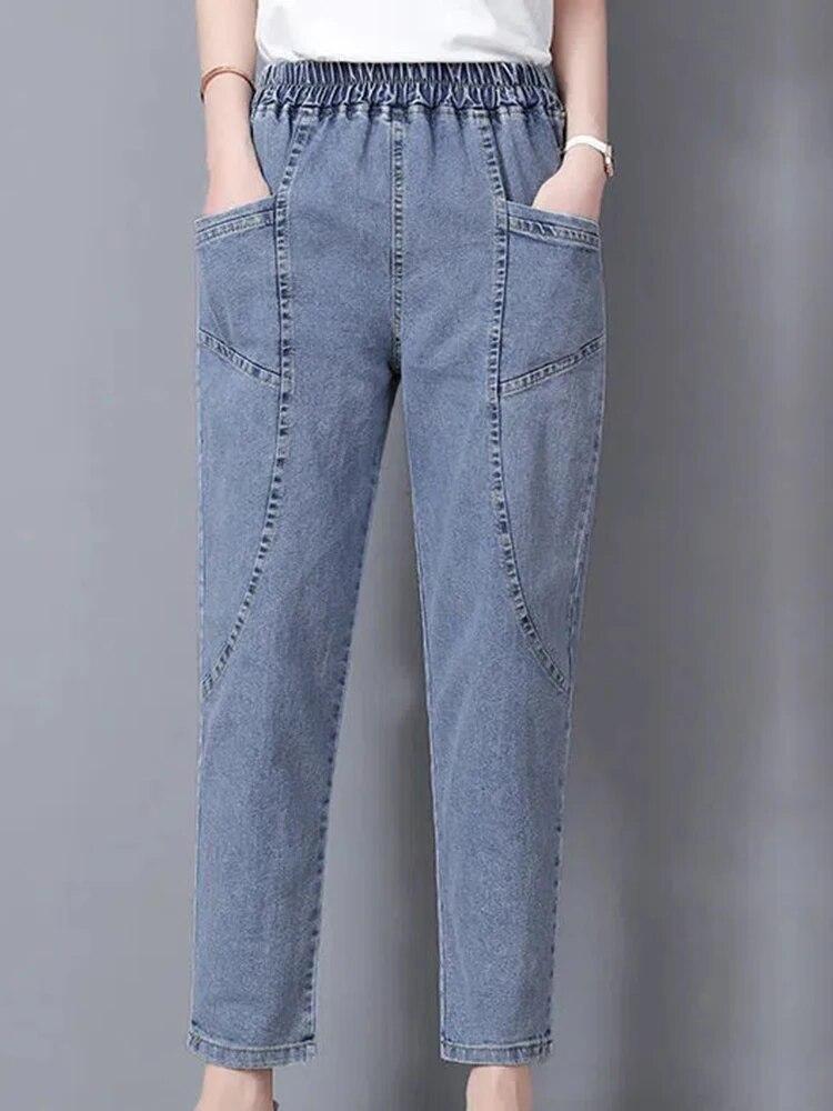 Kuma Vintage hoge taille enkellange blauwe jeans harem elastische denim broek grote casual baggy