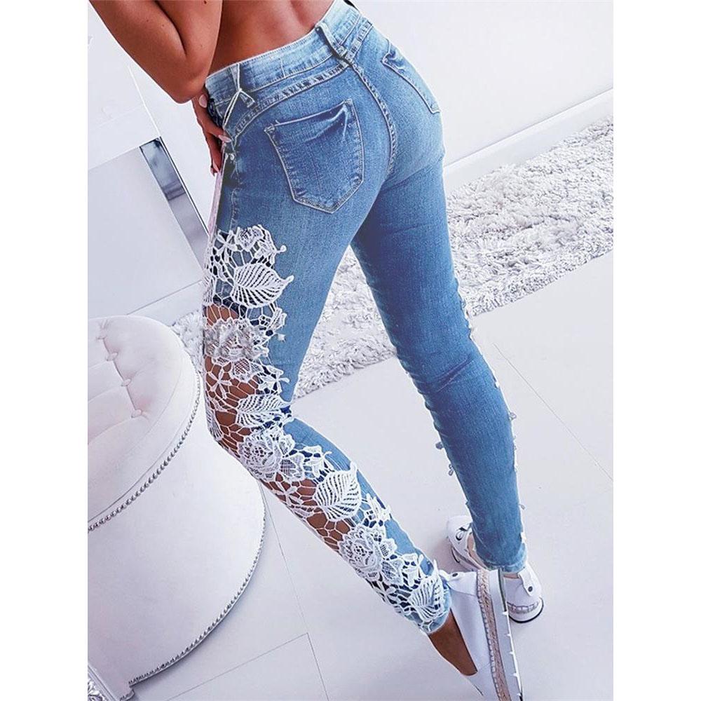 Sports Home -1 Kanten bloemen gehaakte holle jeans Herfst dames elegante sexy denim potlood skinny jeans