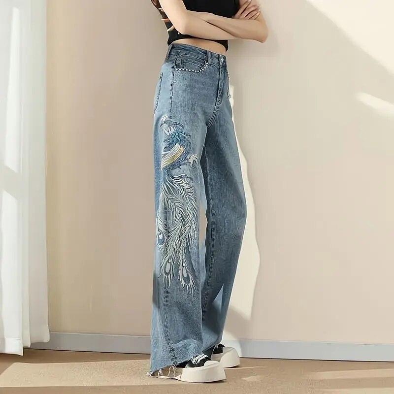 Rockulzzang Dames Denin Jeans, Phoenix borduurwerk rechte broek, hoog getailleerde wijde pijpen Baggy Jean Casual dames plus size jeansbroek 2024