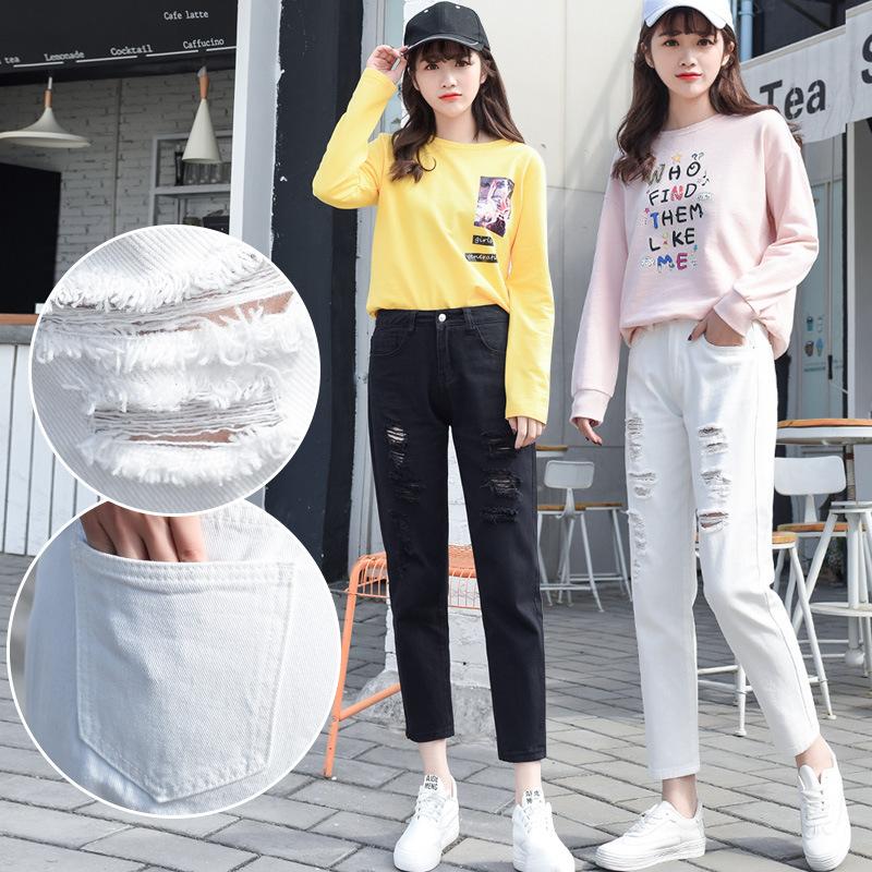 Zhuoneng Clothing Witte jeans met gebroken gaten Dames met hoge taille Lente Dun gedeelte van de nieuwe losse rechte negenpunts bedelaarsbroek