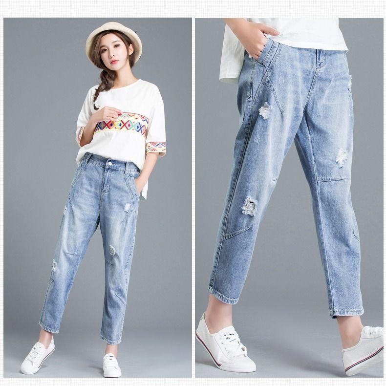 21top Modieuze gescheurde jeans voor dames Losse en ademende wortelbroek, lichte kleur