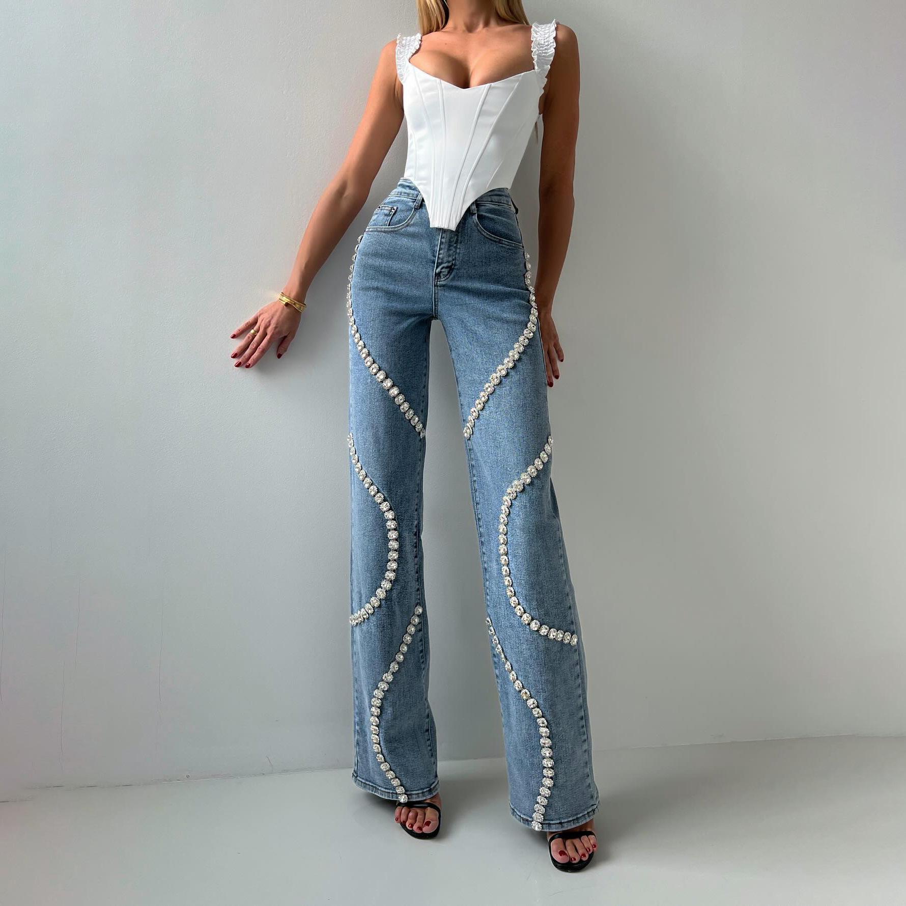RC LADY Ontwerp met strass-jeans Lente en herfst Vrouwelijke dunne honderd casual rechte broek met hoge taille