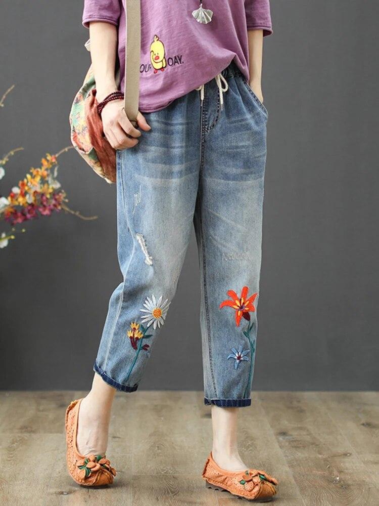 FIVE FIVE Mode herfst dames elastische elegante jeans dames casual bloemenborduurwerk denim broek vrouwtjes losse harembroek