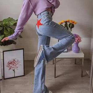 FIVE FIVE Vintage Star Print Hoge Taille Jeans Vrouwen Harajuku 90s Esthetische Denim Lange Broek Dames Streetwear Outfits Rechte Broek