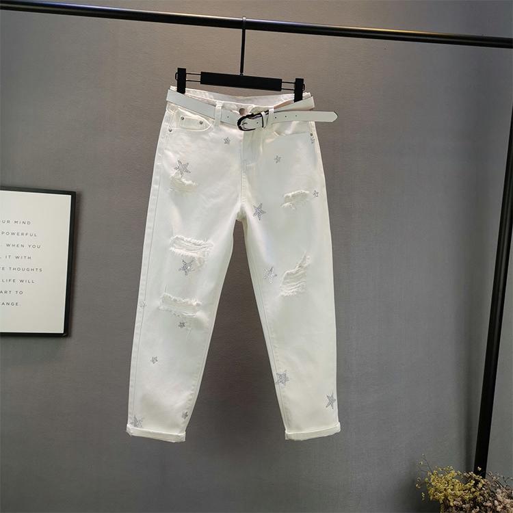 RC LADY Witte jeans dames lente en zomer losse dunne sterren broek met strassgaten van negen minuten