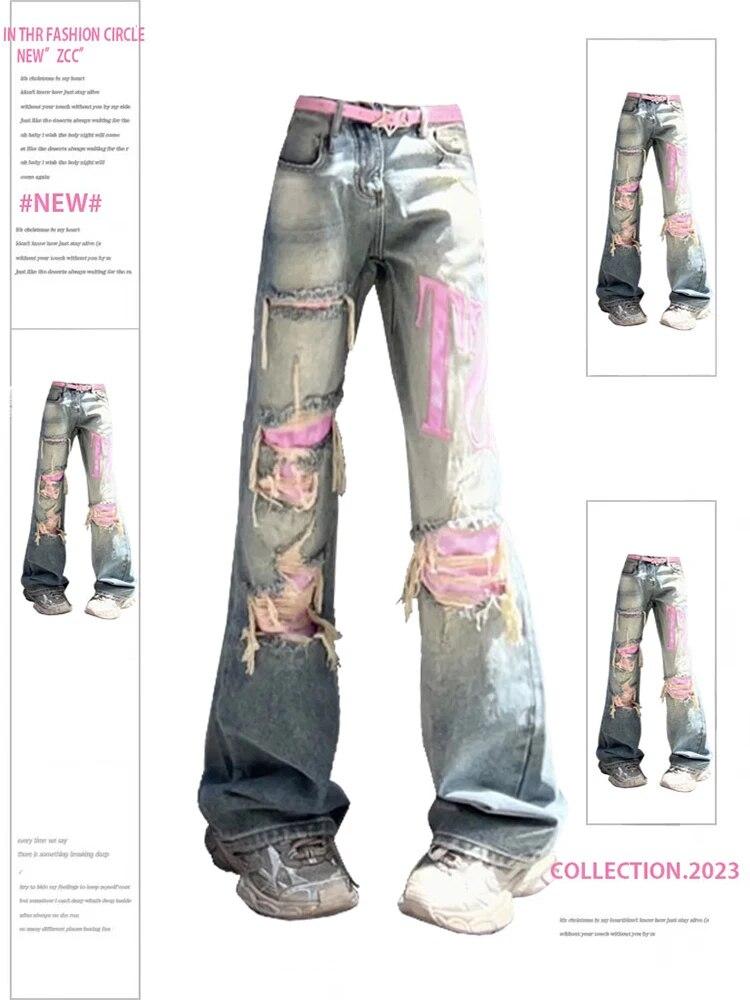 White July Dames vintage blauwe gescheurde jeans baggy denim broek jaren 2000 hoge taille Koreaanse Y2k streetwear vrouwelijke punk wijde pijpen broek kleding