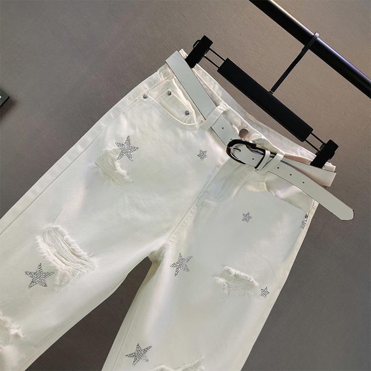 Lucky Pig Witte jeans dames lente en zomer losse sterren broek met strassgaten van negen minuten