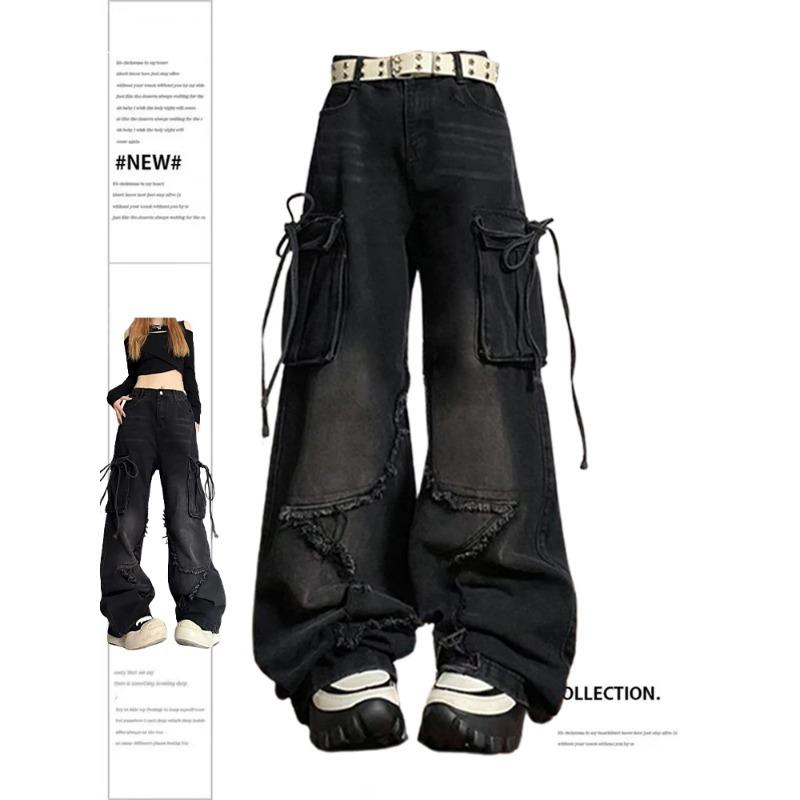 Sxcave Dames zwarte gotische baggy cargo jeans met ster harajuku Y2k jaren 90 esthetische denim broek Emo jaren 2000 Jean broek vintage kleding
