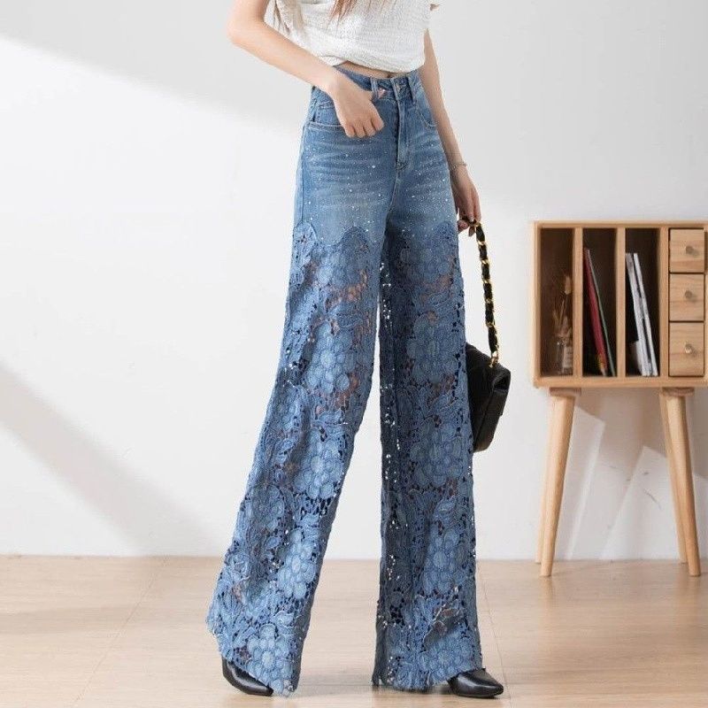 Heihei Mode Elegante Jeans Voor Vrouwen Hoge Taille Kant Patchwork Pantalones Hol Denim Broek Casual Losse Alle Match Broek