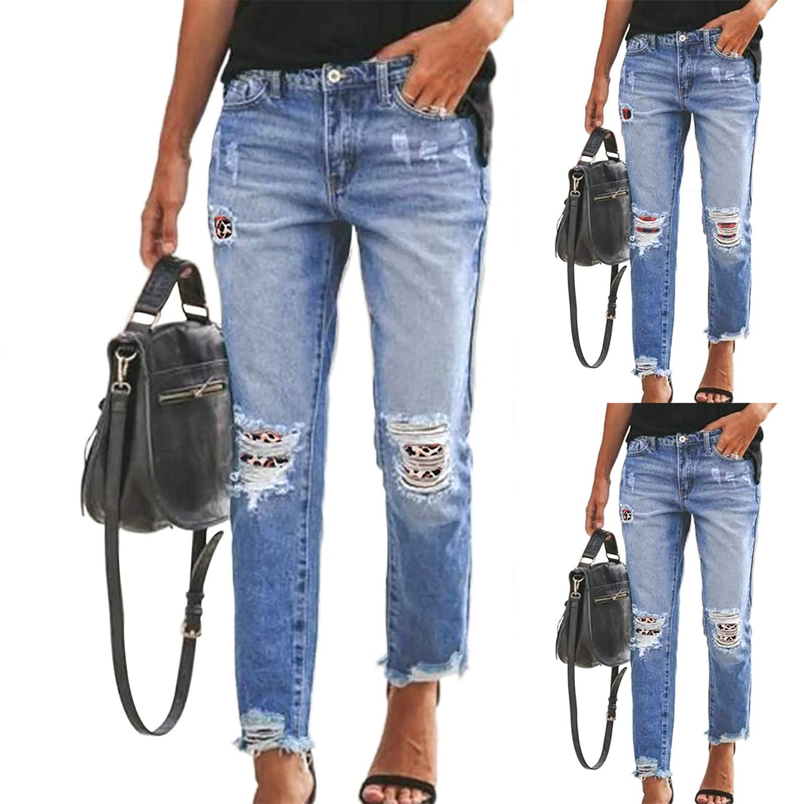 WhyMe Dames effen kleur gat lage taille jeans flares patch jeans broek broek