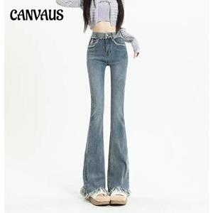 CANVAUS Micro Flare-broek Jeans voor dames Lente en herfst Hoge taille Lichtgekleurde uitlopende broek met ruwe rand