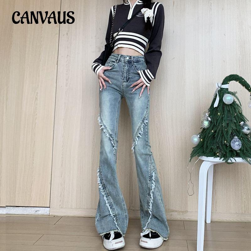 CANVAUS Vintage broek, micro-denimjeans voor dames, lente en herfst, retro stretch splitsende slanke flare-broek met hoge taille