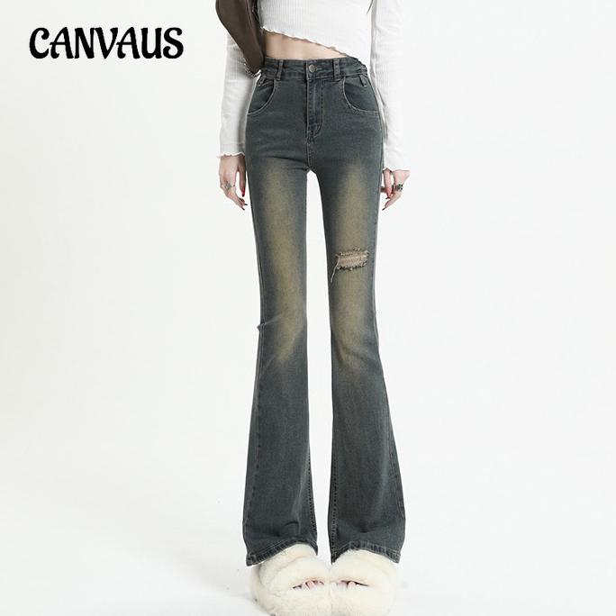 CANVAUS Retro Blue Broken Holes Micro-grote Jeans Dames Lente en Herfst Pittig Meisje Hoge Taille Dunne Lange Broek