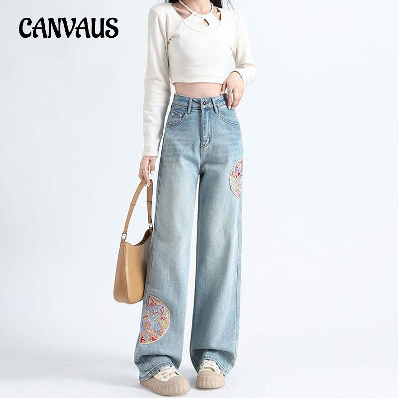 CANVAUS Vintage jeans geborduurd wijde pijpen broek vrouwen losse slepen hoog getailleerde broek met rechte pijpen