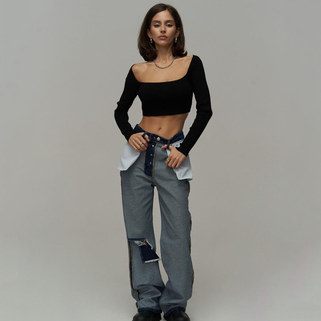JanYi Design Sense Jeans met omgekeerde versleten gaten Damesmodellen Rechte dunne broek met hoge taille en losse wijde pijpen