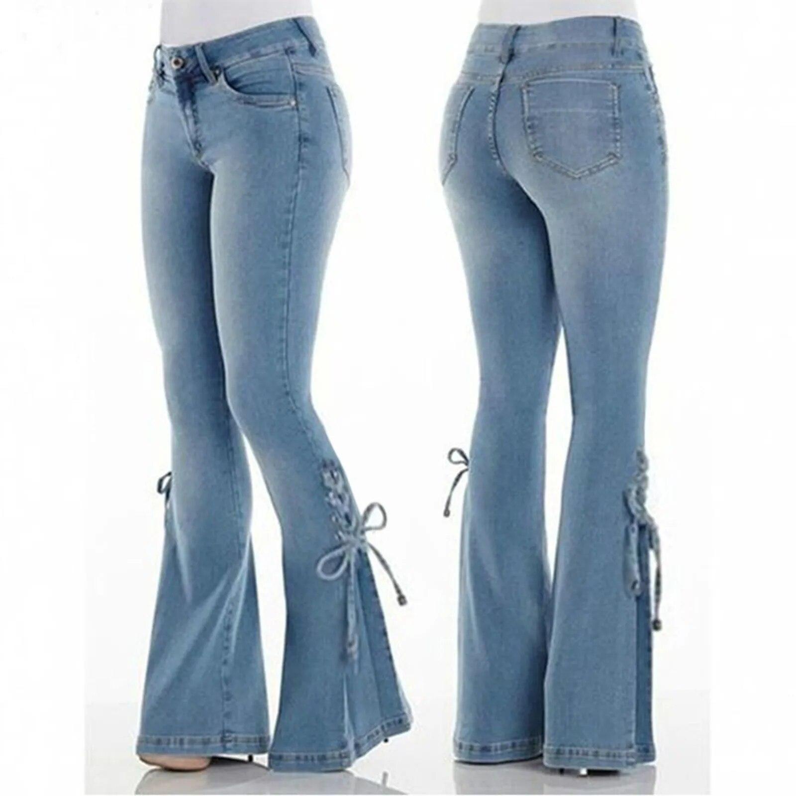 FIVE FIVE Vrouwen uitlopende jeans hoge taille denim broek vintage stretch streetwear vetersluiting bell bottom broek elastische jeans