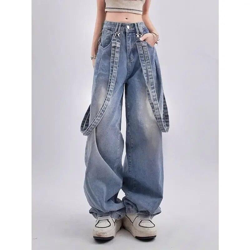 Rockulzzang Vrouwen Jeans met Gesp Lint Denim Broek hoge taille y2k broek harajuku casual bf vriendje losse rechte baggy jean plus size