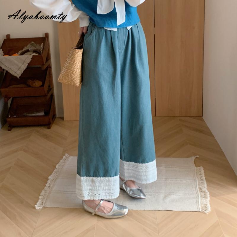 Alyaboomty Koreaanse stijl lente zomer dames blauwe denim broek elastische taille kant patchwork wijde pijpen jeans elegante losse casual jeans