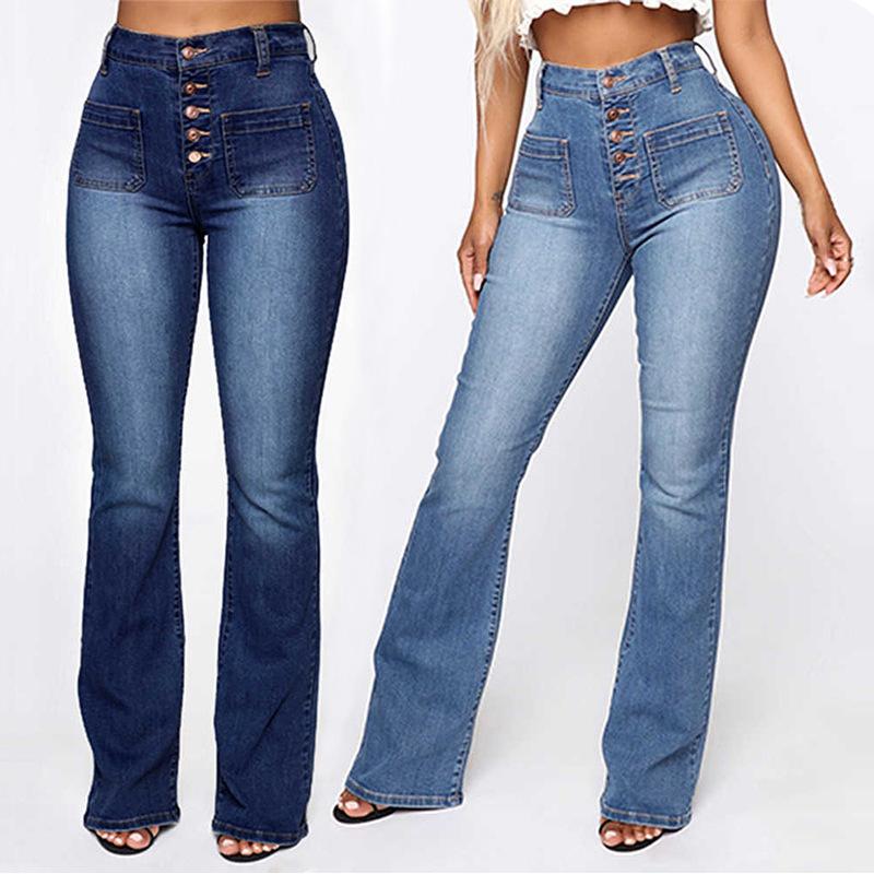 Wangpai Apparel Jeans voor dames, gewassen jeans met knoop en opgestikte zak, hoge taille