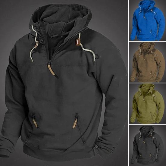 Piaokangguan Men Autumn Winter Solid Color Sweatshirt Hooded Drawstring Zipper Neckline Long Sleeve Hoodie Pockets Workout Sports Pullover Tops