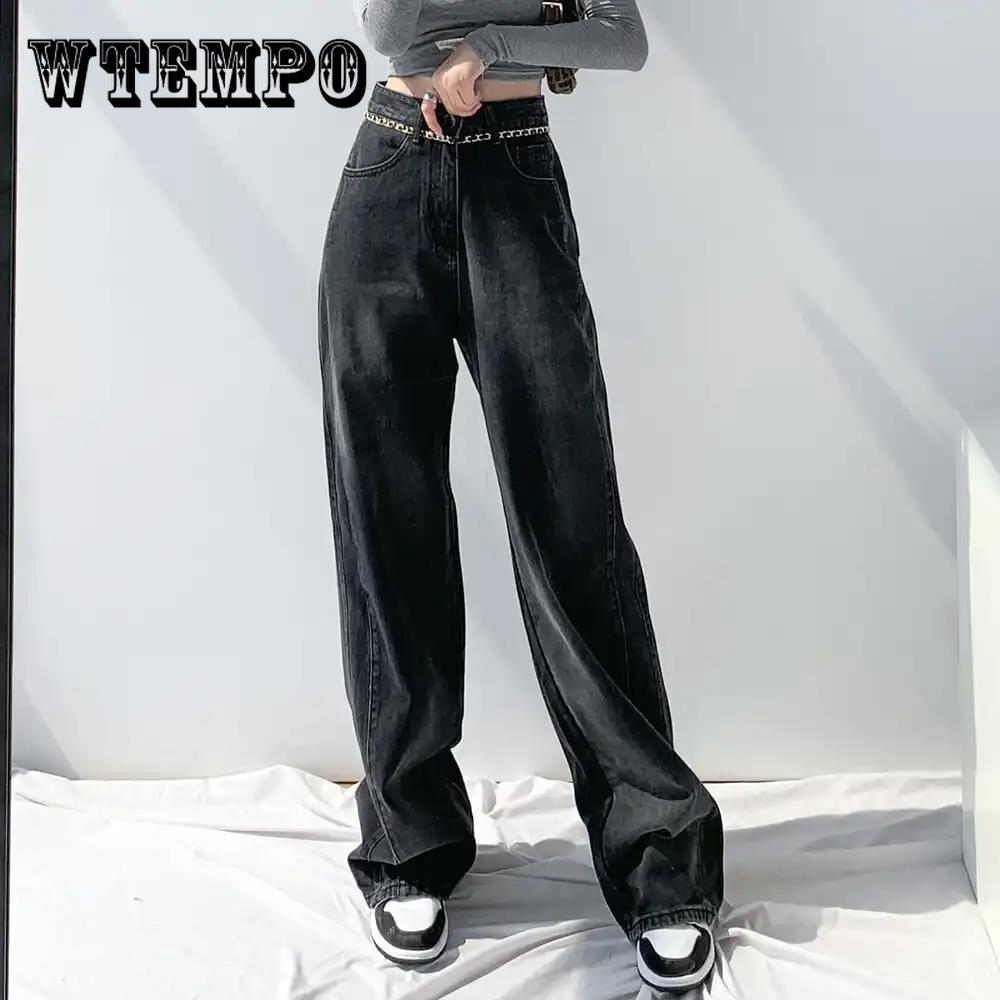 WTEMPO Zwarte lente en herfst hoge taille losse rechte wijde pijp dweilbroek jeans dames 2022 nieuwe design sense niche
