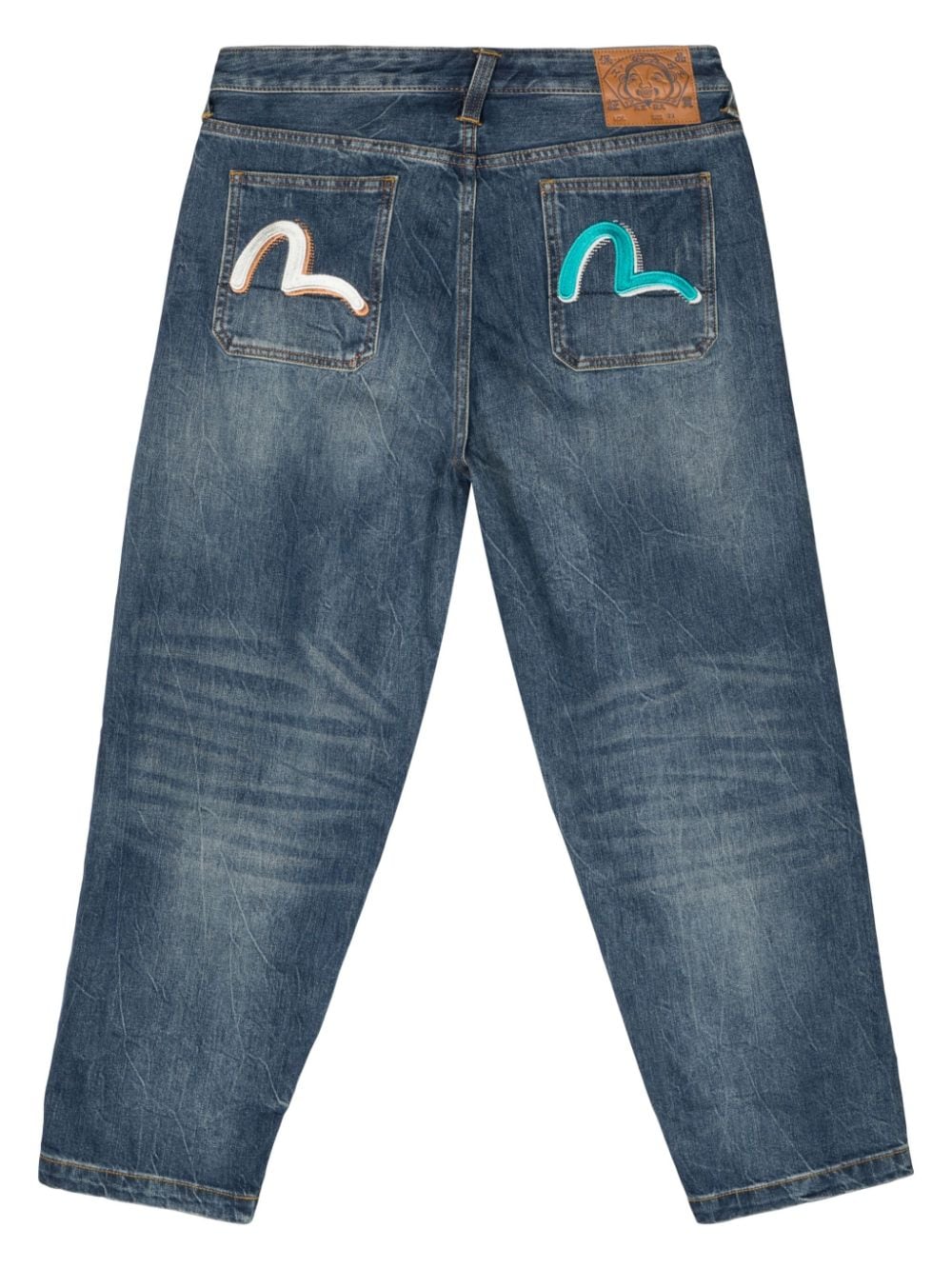 EVISU slogan-print tapered-leg jeans - Blauw