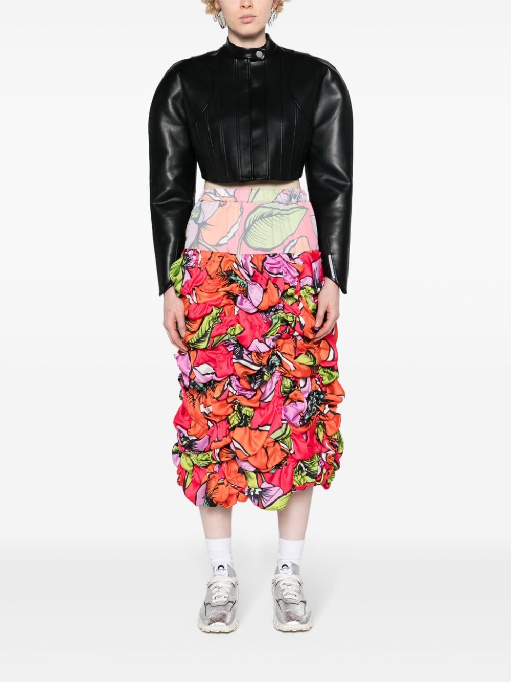 Comme Des Garçons floral-print ruched midi skirt - Rood