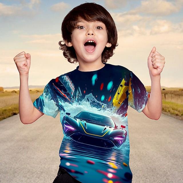 Happybuyyy Childrens/Kids T-Shirt Short Sleeve 3D Blue Crystal Racing Car Print Summer Spring Active Sports Fashion Polyester Boy T Shirt