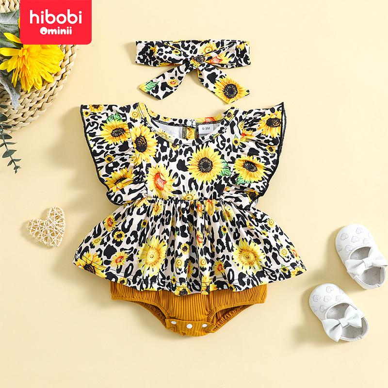 Hibobi 2-piece Baby Girl Allover Sunflower Printed Sleeveless Romper & Headwrap