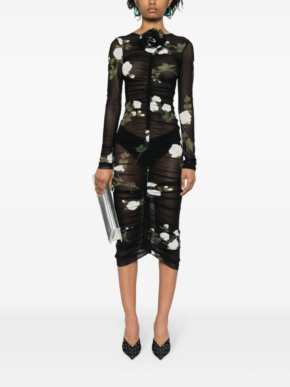 Magda Butrym floral-print mesh dress - Zwart