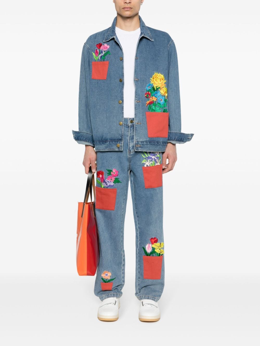 KidSuper flower-pots embroidered tapered jeans - Blauw