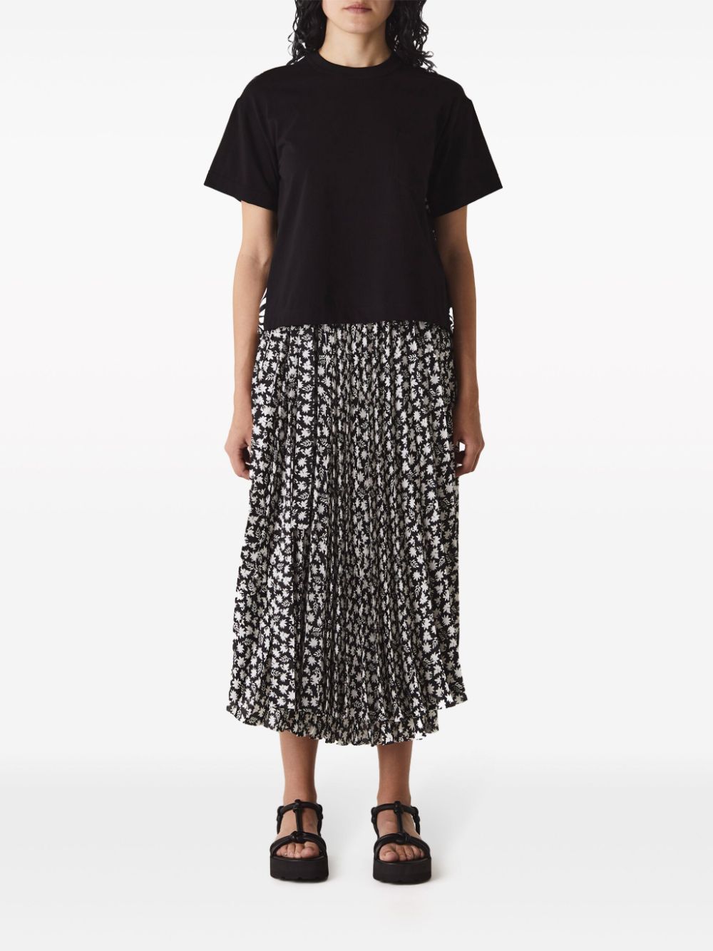 Sacai floral-print plissé skirt - Zwart