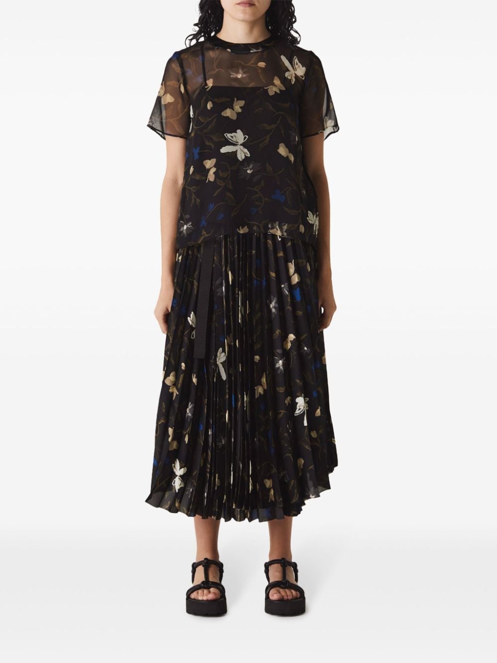 Sacai floral-print plissé skirt - Zwart