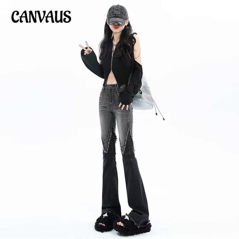 CANVAUS Micro-jeans voor dames, hoge taille broek, stretch uitlopende broek, broek met kwastjes