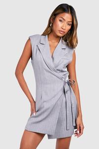 Boohoo Marl Pinstripe Shoulder Pad Tie Waist Blazer Dress, Light Grey