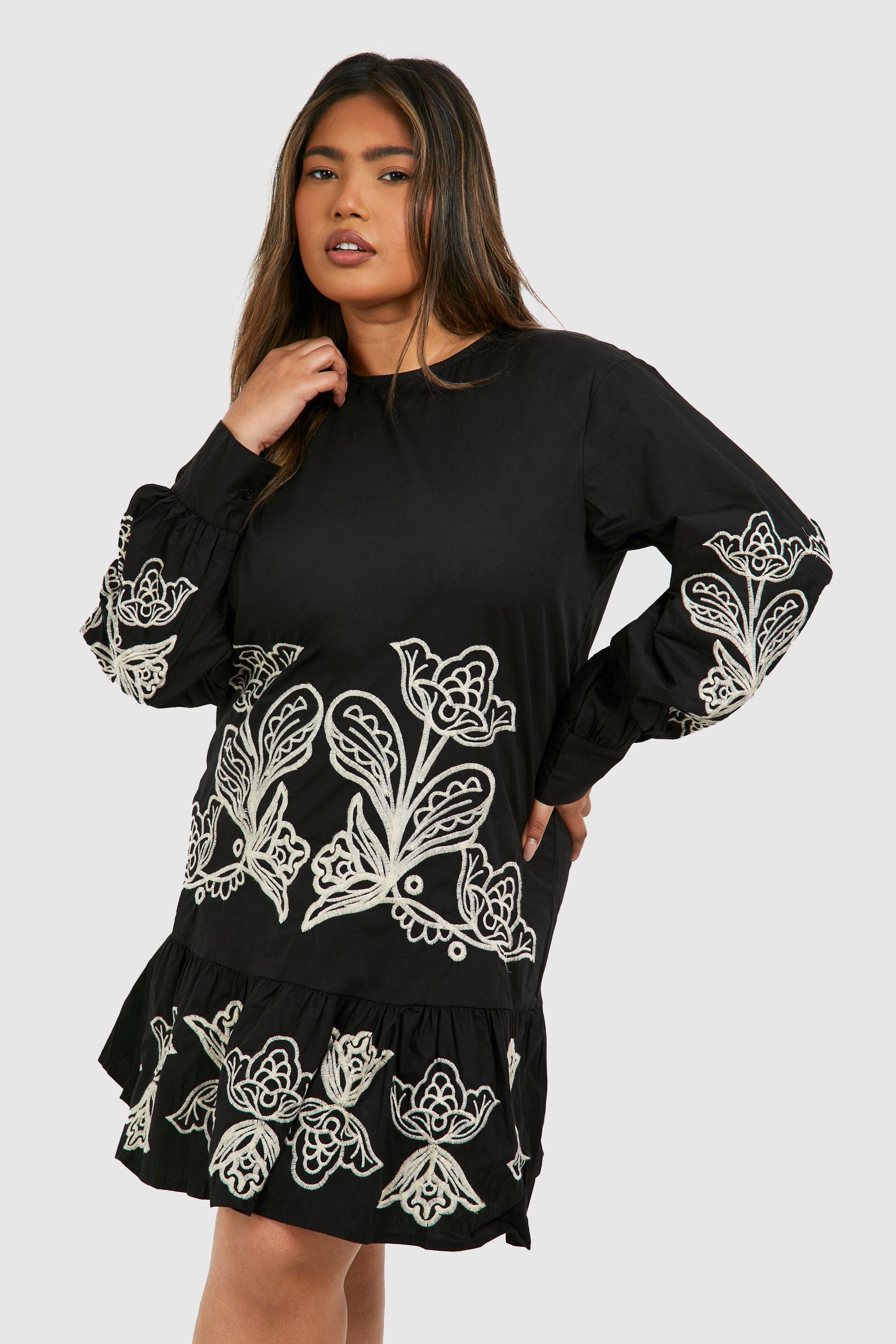 Boohoo Plus Woven Embroidery Detail Frill Hem Long Sleeve Dress, Black