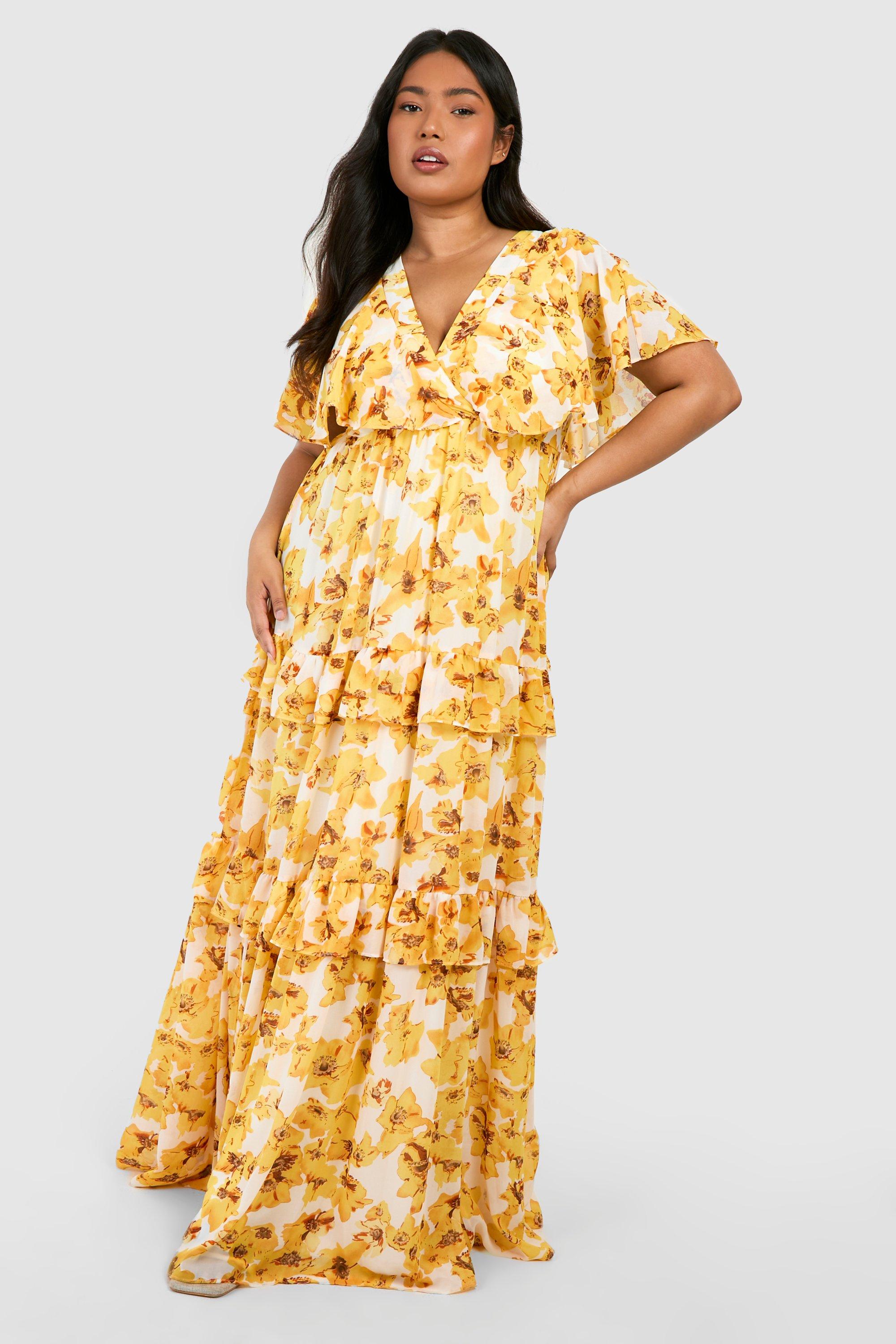 Boohoo Plus Floral Print Angel Sleeve Maxi Dress, Yellow