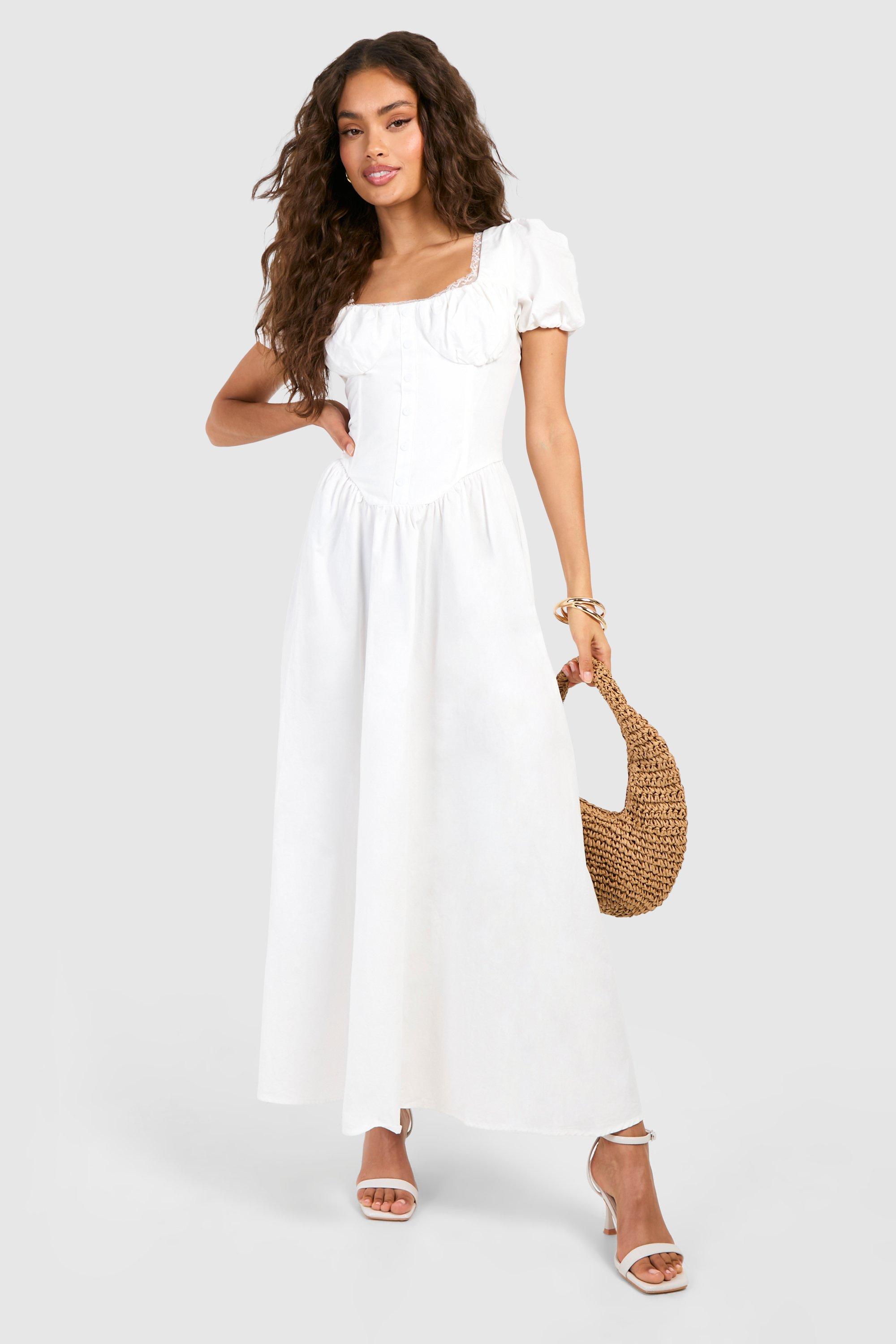 Boohoo Puff Sleeve Milkmaid Midaxi Dress, White