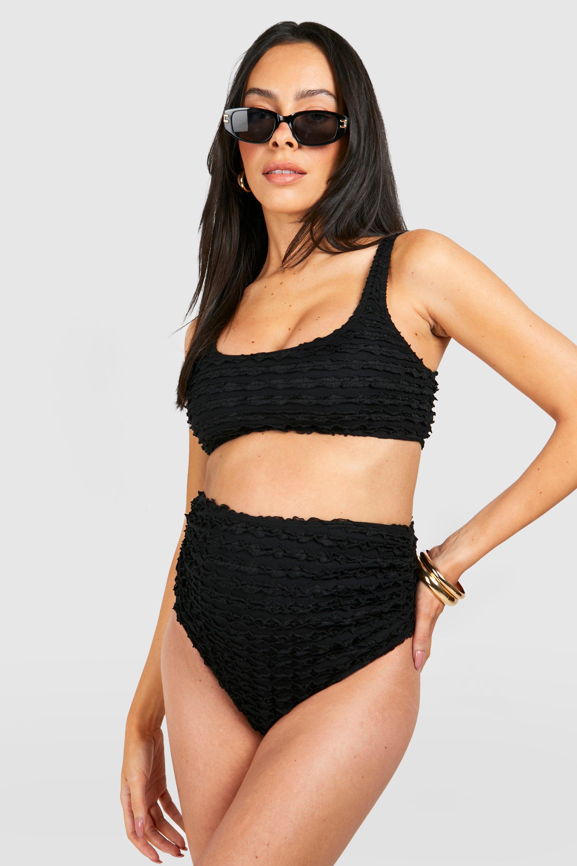Boohoo Maternity Textured Ruffle High Waist Bikini Set, Black