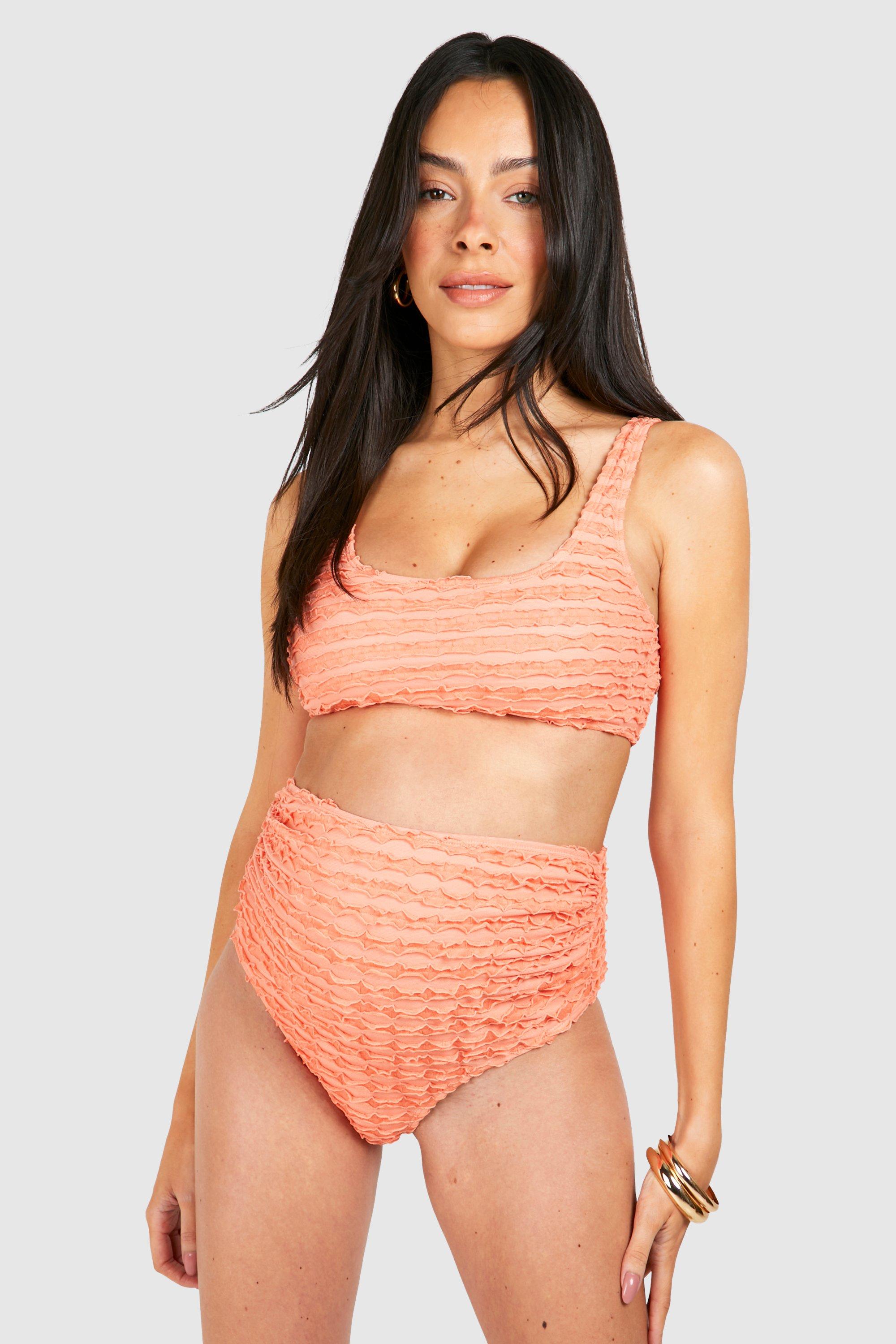 Boohoo Maternity Textured Ruffle High Waist Bikini Set, Peach