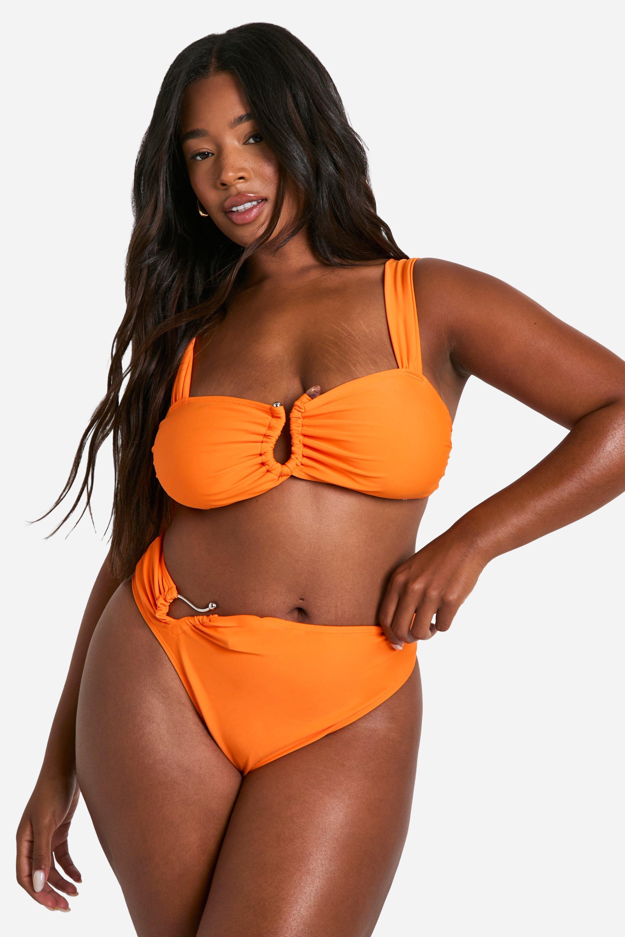 Boohoo Plus Bead Trim High Waisted Bikini Set, Orange