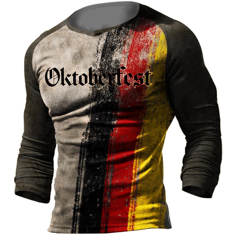 ETST 03 Vintage heren-T-shirt met Duitse vlag en herfst, loszittende herentop met lange mouwen en herfst